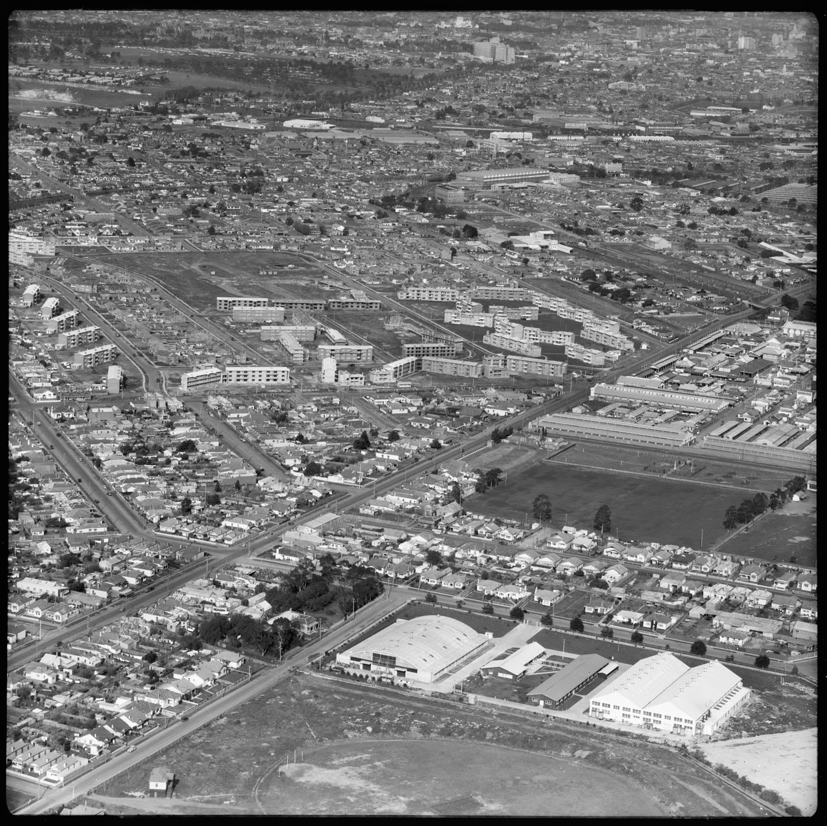 Aerial views of new housing commission residences in Ascot Vale, Victoria, looking south (1954)