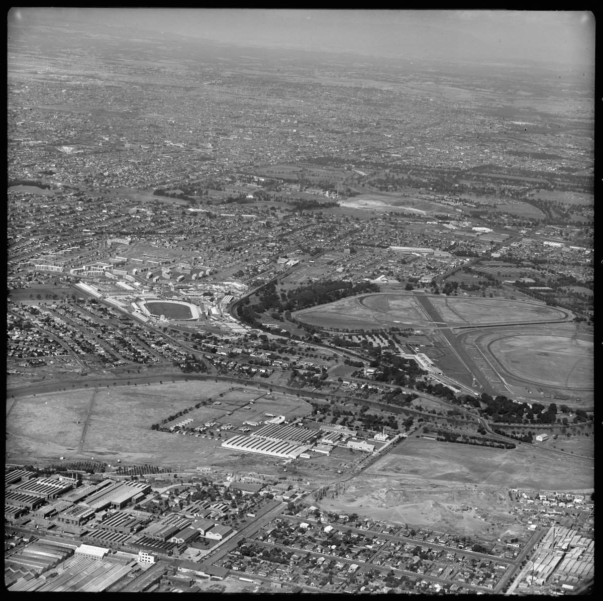 Aerial view of Ascot Vale, Victoria, looking east (1953)