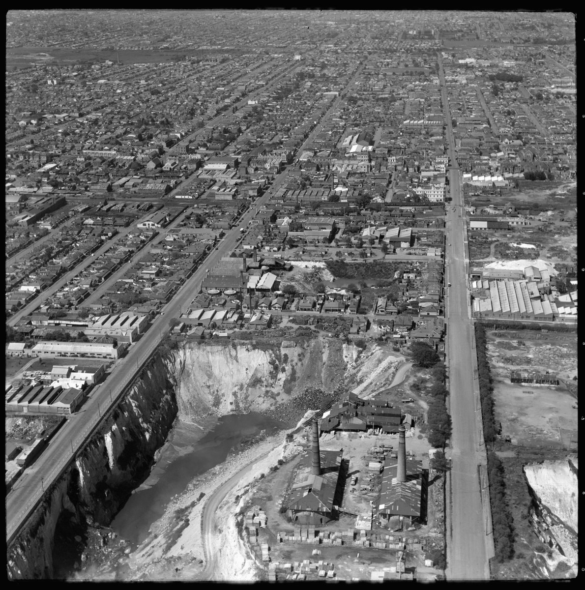 Aerial view of brick quarries, Brunswick, Victoria, looking east (1950)