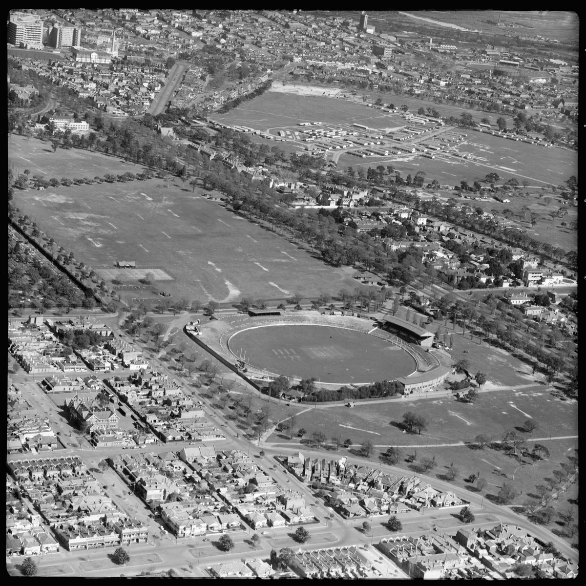 Aerial views of Carlton, Victoria, looking north (1952)