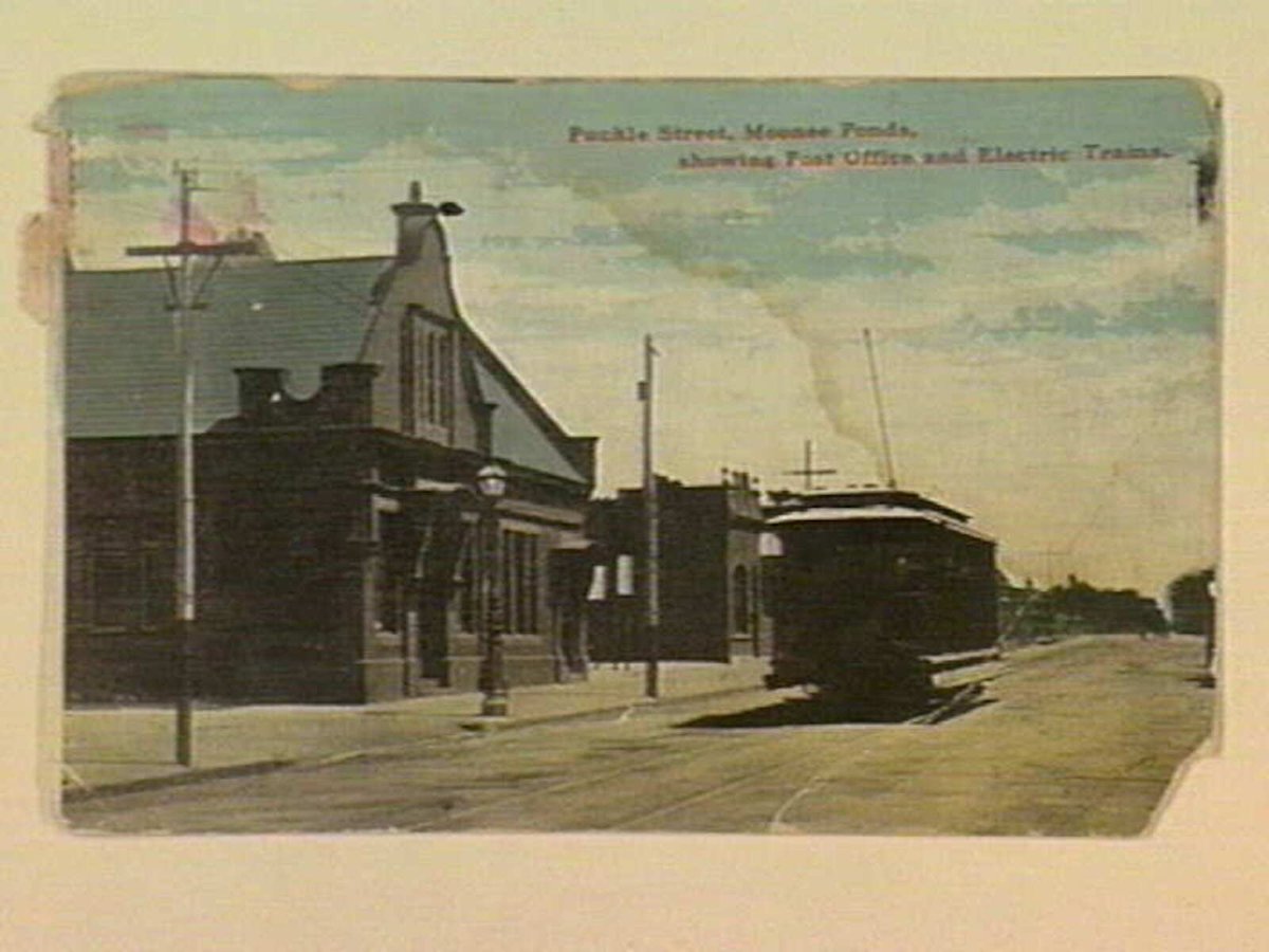 Puckle Street, Moonee Ponds, showing Post Office and Electric Trams (c. 1906)