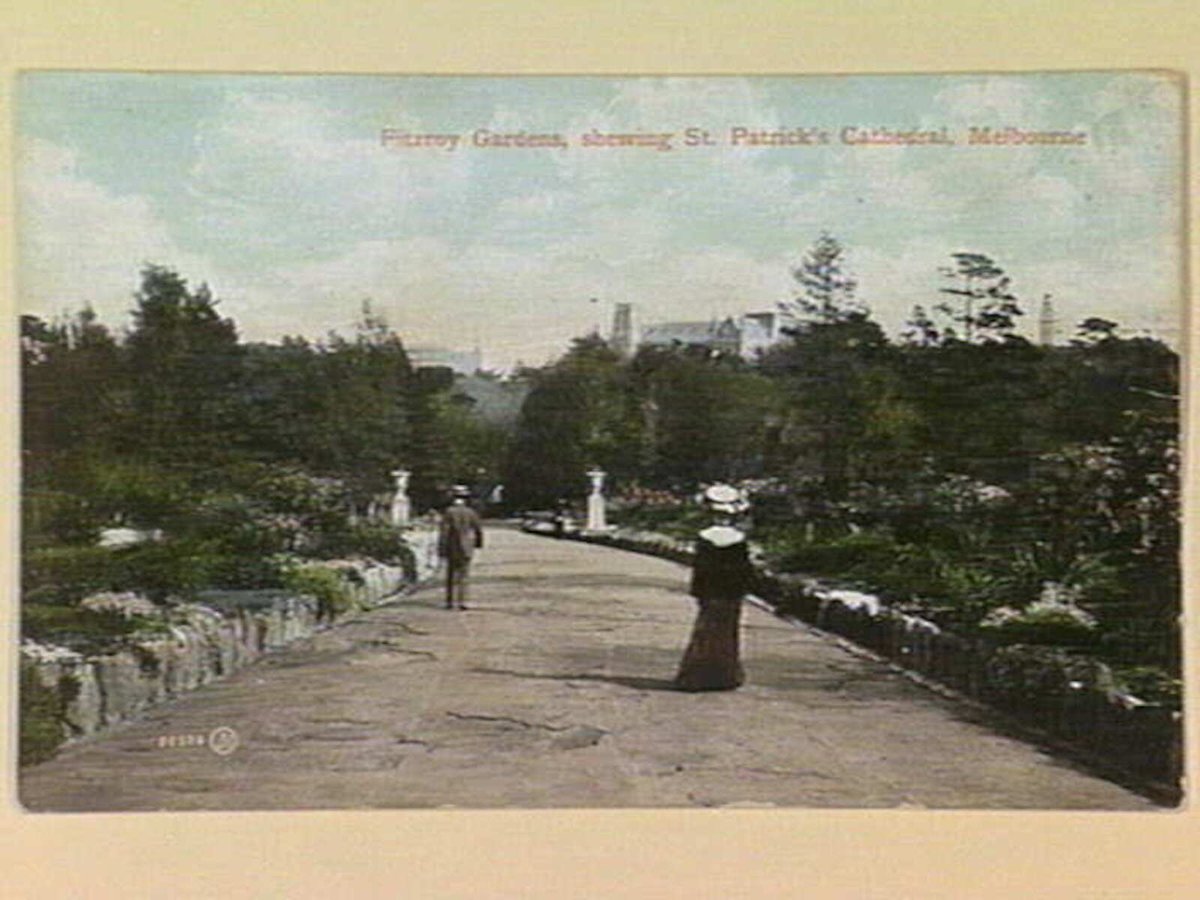 Fitzroy Gardens, shewing [i.e. showing] St. Patrick's Cathedral, Melbourne, East Melbourne (c. 1907)