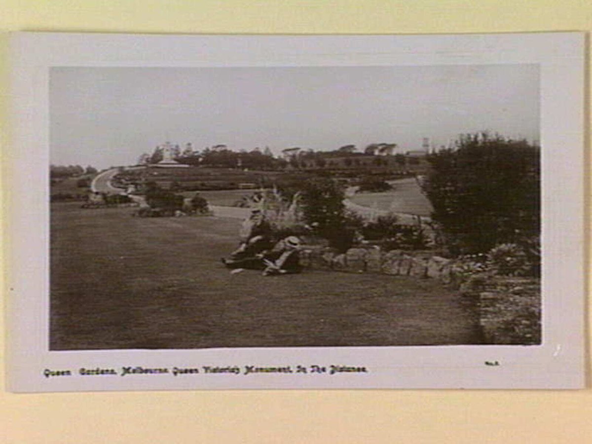 Queen Gardens, Melbourne. Queen Victoria's Monument, In The Distance (c. 1910)