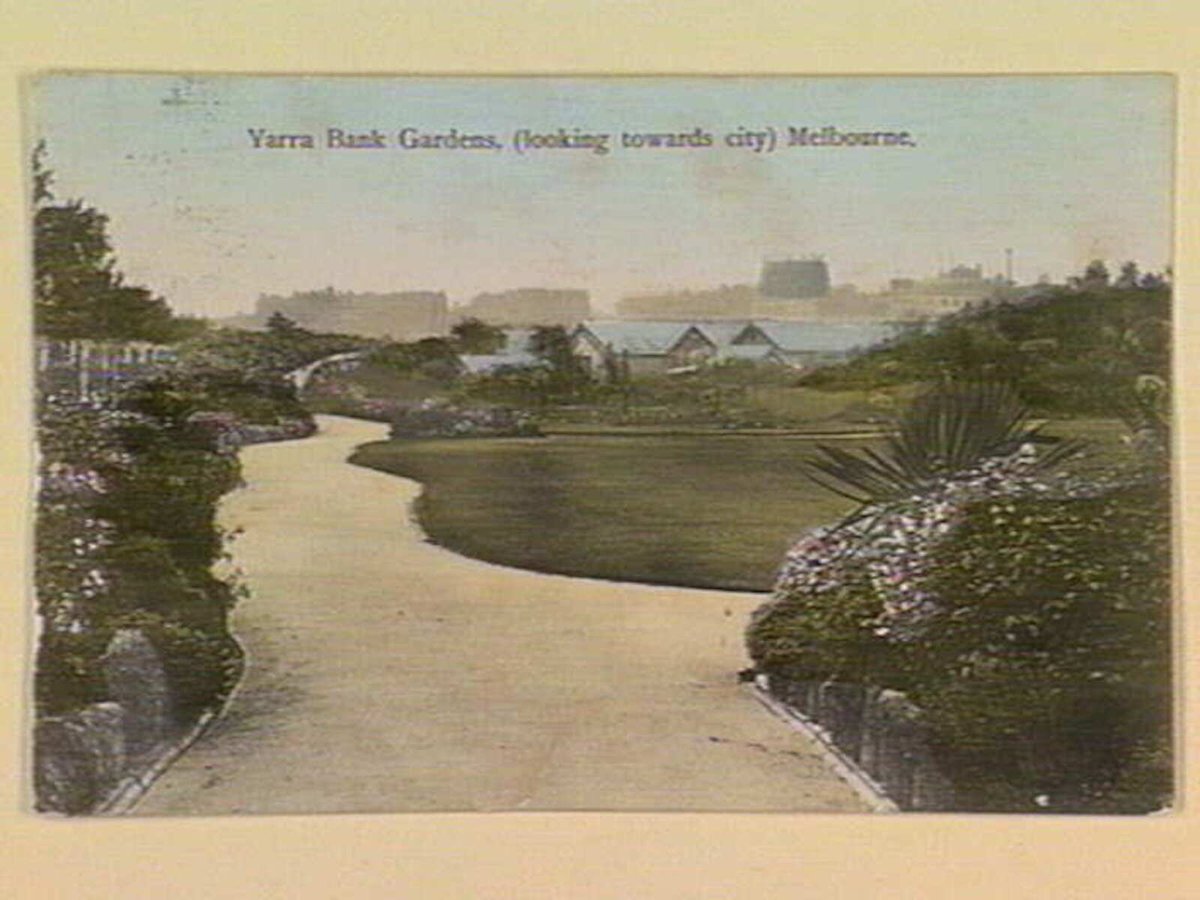 Yarra Bank Gardens, (looking towards city) Melbourne, Yarra River (c. 1904)