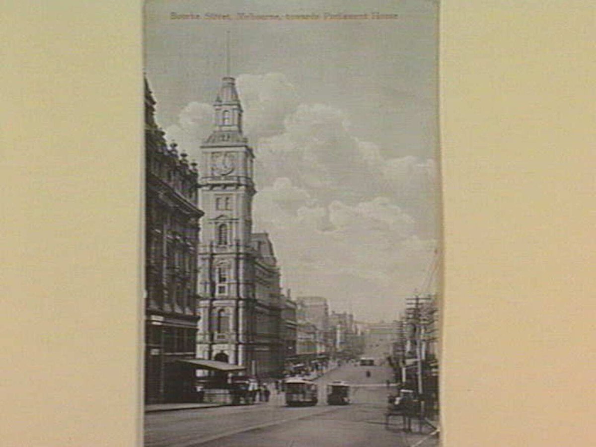 Bourke Street, Melbourne, towards Parliament House, East Melbourne (c. 1910)