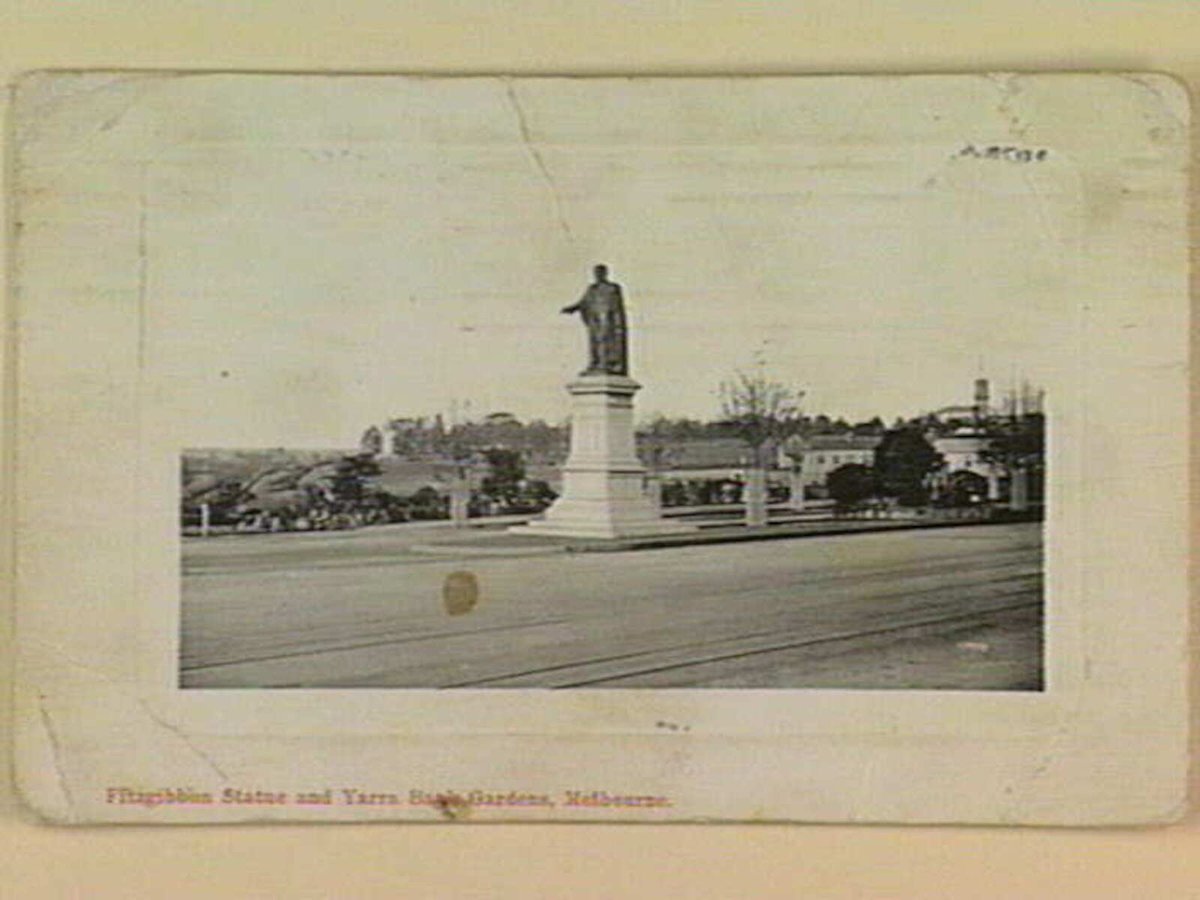 Fitzgibbon Statue and Yarra Bank Gardens, Melbourne, Yarra River (c. 1910)