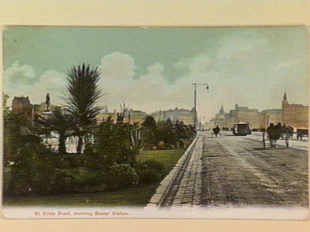 St. Kilda Road, showing Burns' Statue, Melbourne City (c. 1906)