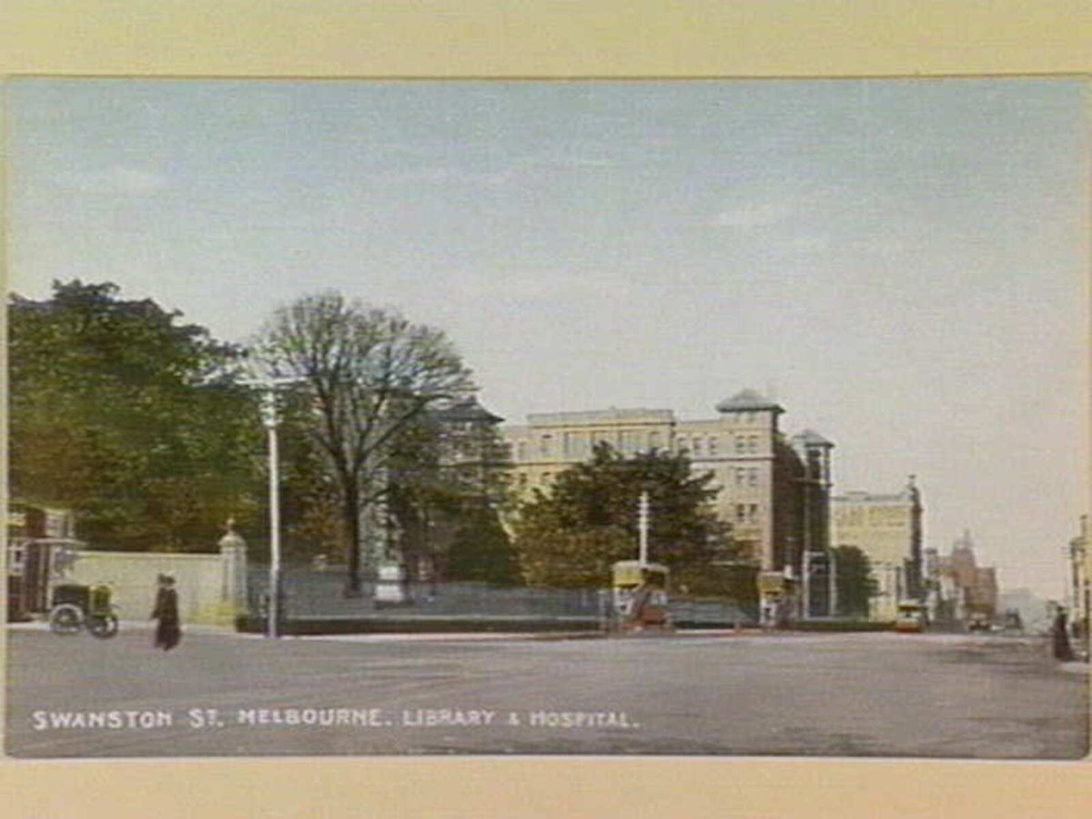 SWANSTON ST. MELBOURNE. LIBRARY & HOSPITAL, Melbourne City (c. 1912)