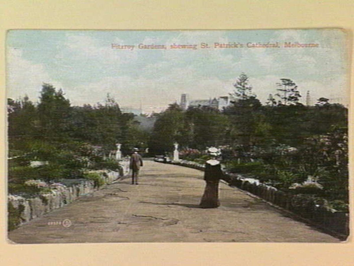 Fitzroy Gardens, shewing [showing] St. Patrick's Cathedral, Melbourne, East Melbourne (c. 1908)