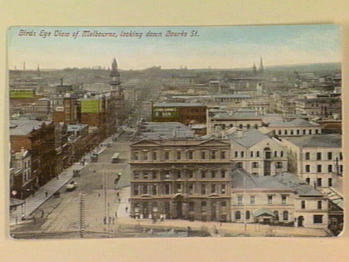 Birds Eye View of Melbourne, looking down Bourke St, Melbourne City (c. 1910)