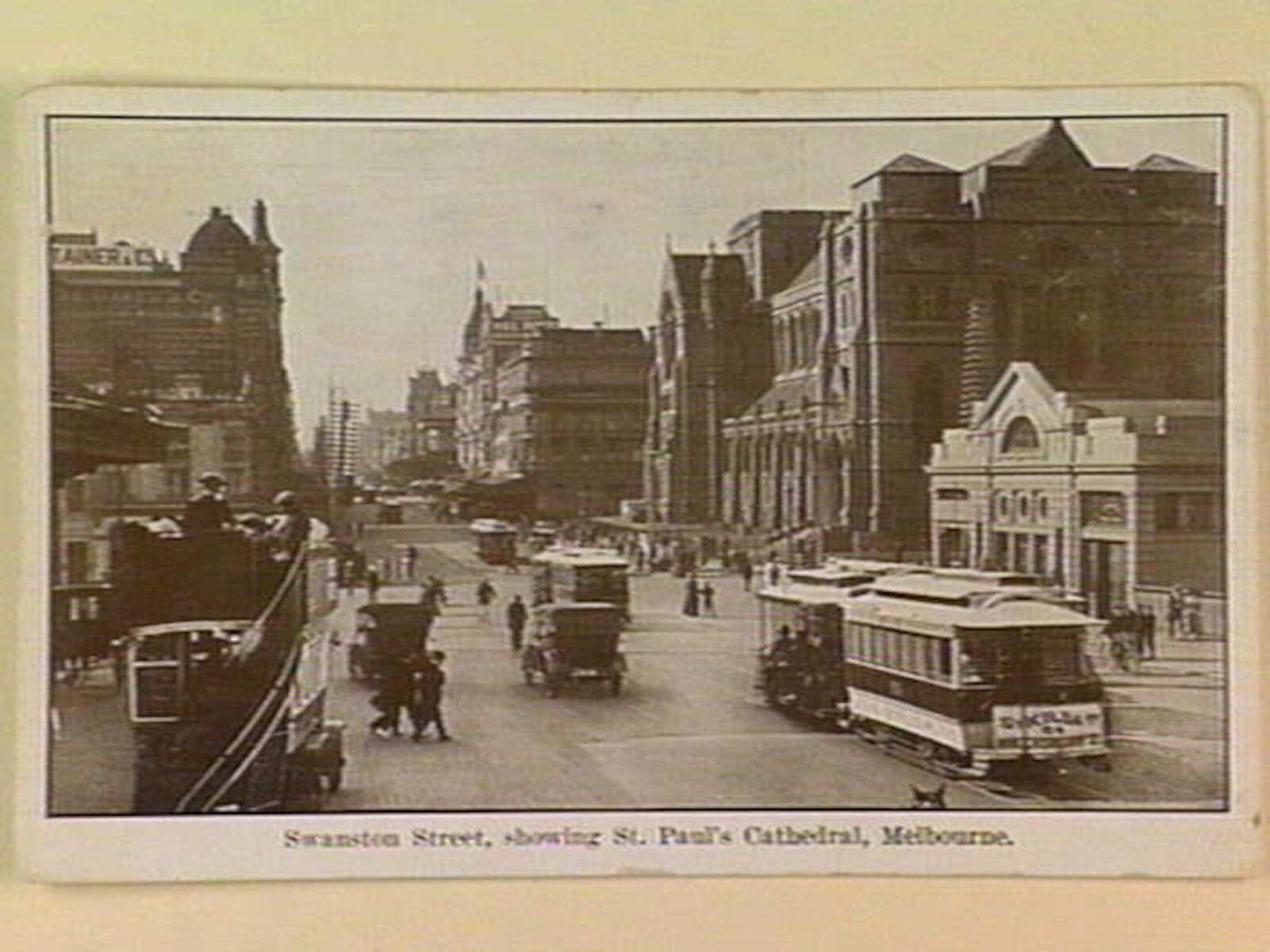 Swanston Street, showing St. Paul's Cathedral, Melbourne, Melbourne City (c. 1912)