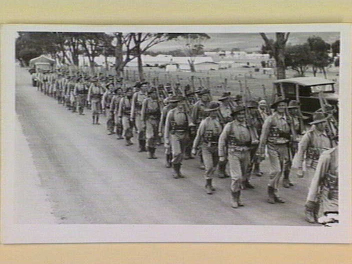 Soldiers of the 2/8th Battalion on a route march out of Darley Camp 5 miles out from Bacchus Marsh, Melb. Vic, Melbourne (1939–45)