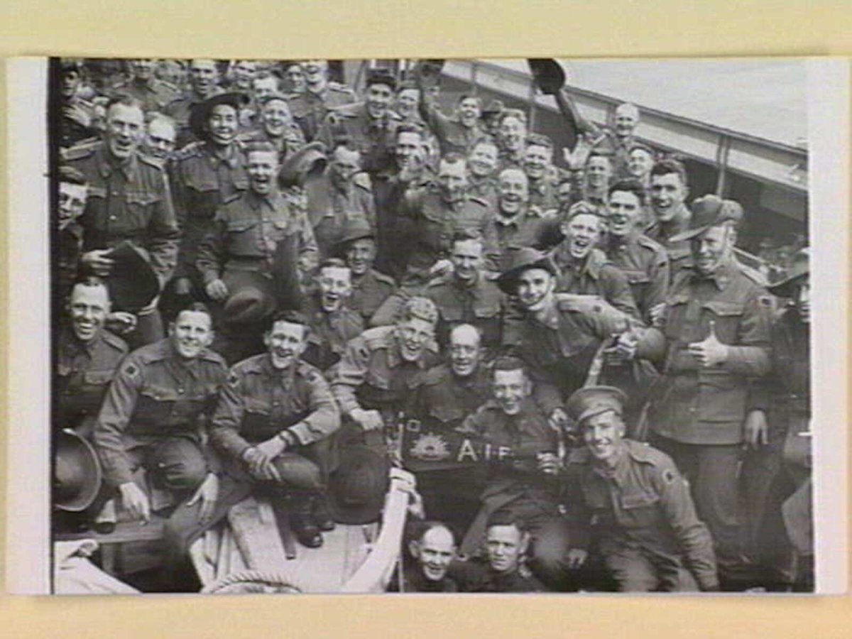 Victorian Soldiers from Camps are shown on board a transport about to leave Port Melbourne (1939–45)