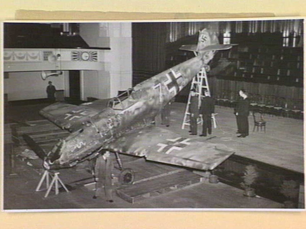 Bullet ridden Me. 109 exhibited at the Town Hall, Melbourne as part of an aircraft exhibition (1939–45)