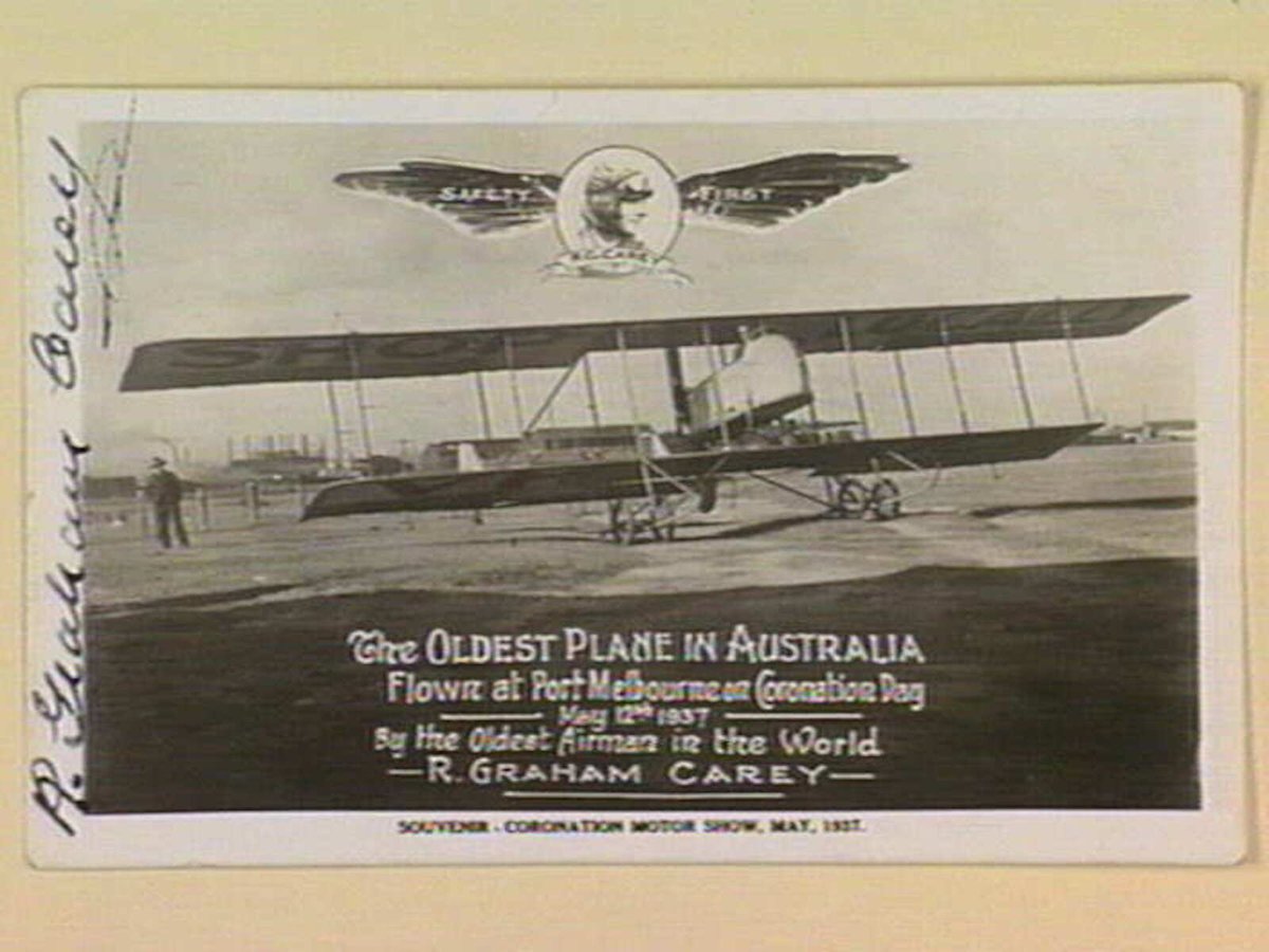 The OLDEST PLANE IN AUSTRALIA Flown at Port Melbourne on Coronation Day by ... R. GRAHAM CAREY (1937)