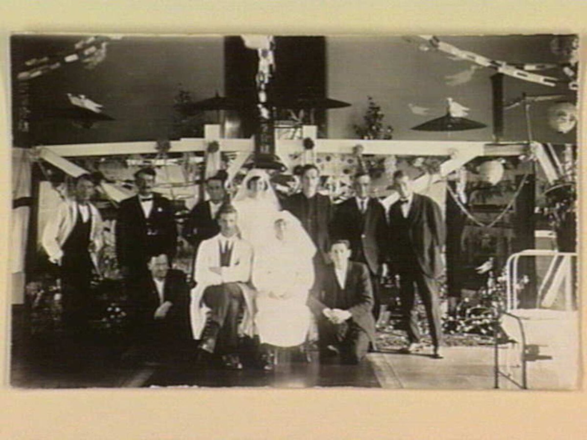 Austin Hospital Heidelberg. Staff in front of a stage decorated in Japanese style (c. 1910)
