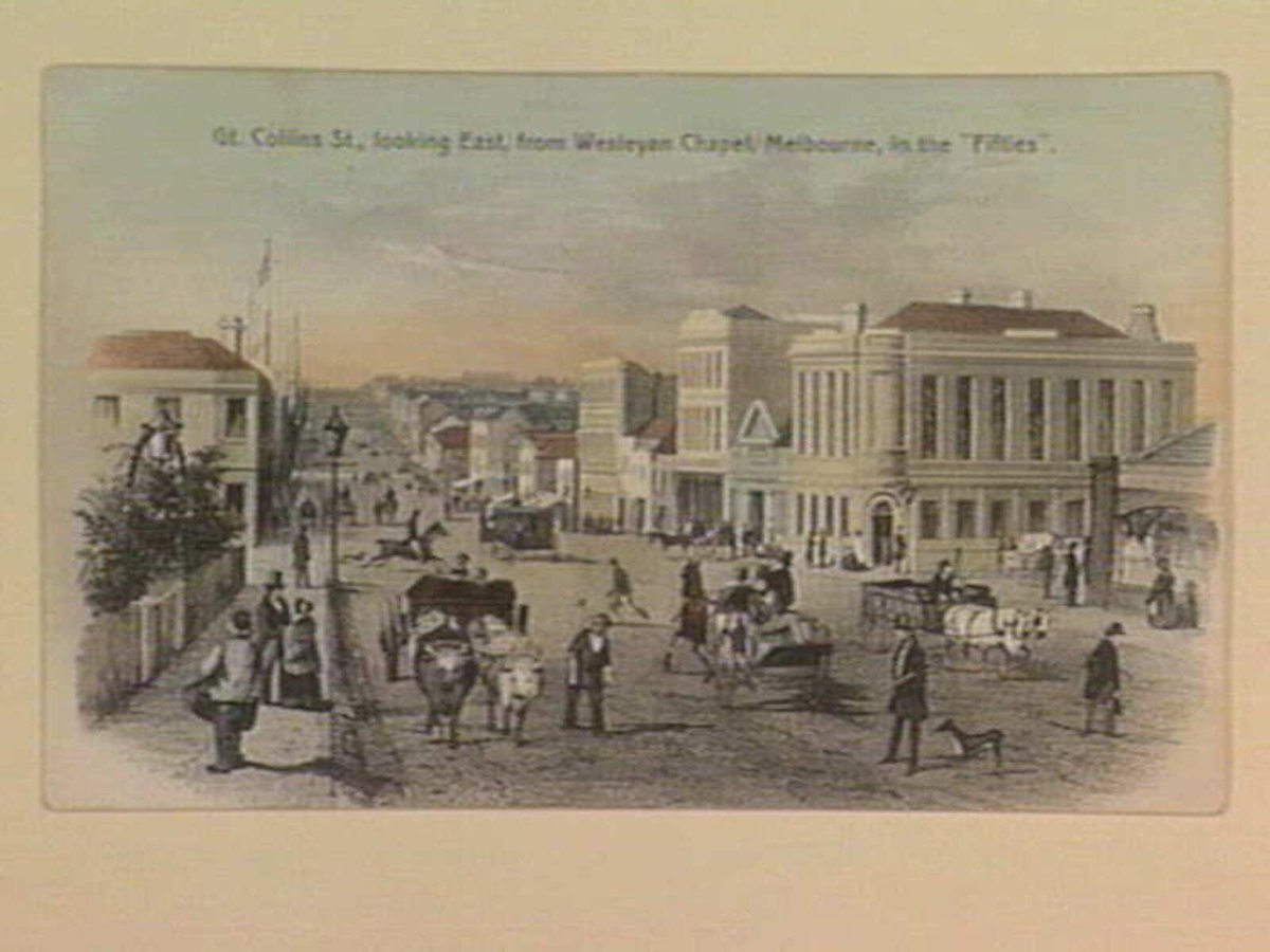 Gt. Collins St., looking East, from Wesleyan Chapel, Melbourne, in the "Fifties", Melbourne City (1905–10)