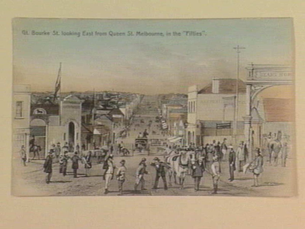 Gt. Bourke St. looking East from Queen St. Melbourne, in the "Fifties", Melbourne City (1905–10)
