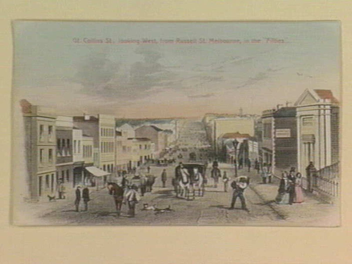 Gt. Collins St., looking West, from Russell St. Melbourne, in the "Fifties", Melbourne City (1905–10)