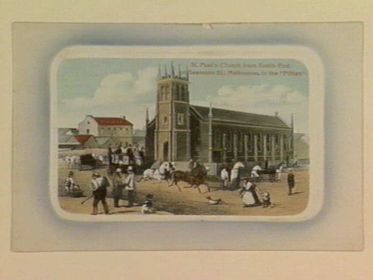 St. Paul's Church from South End of Swanston St., Melbourne, in the "Fifties", Melbourne City (1905–10)