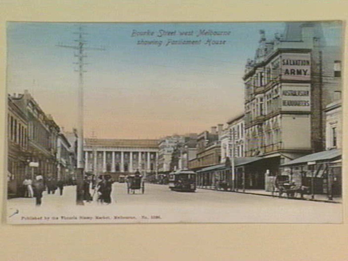 Bourke Street west Melbourne showing Parliament House, East Melbourne (1895–1915)