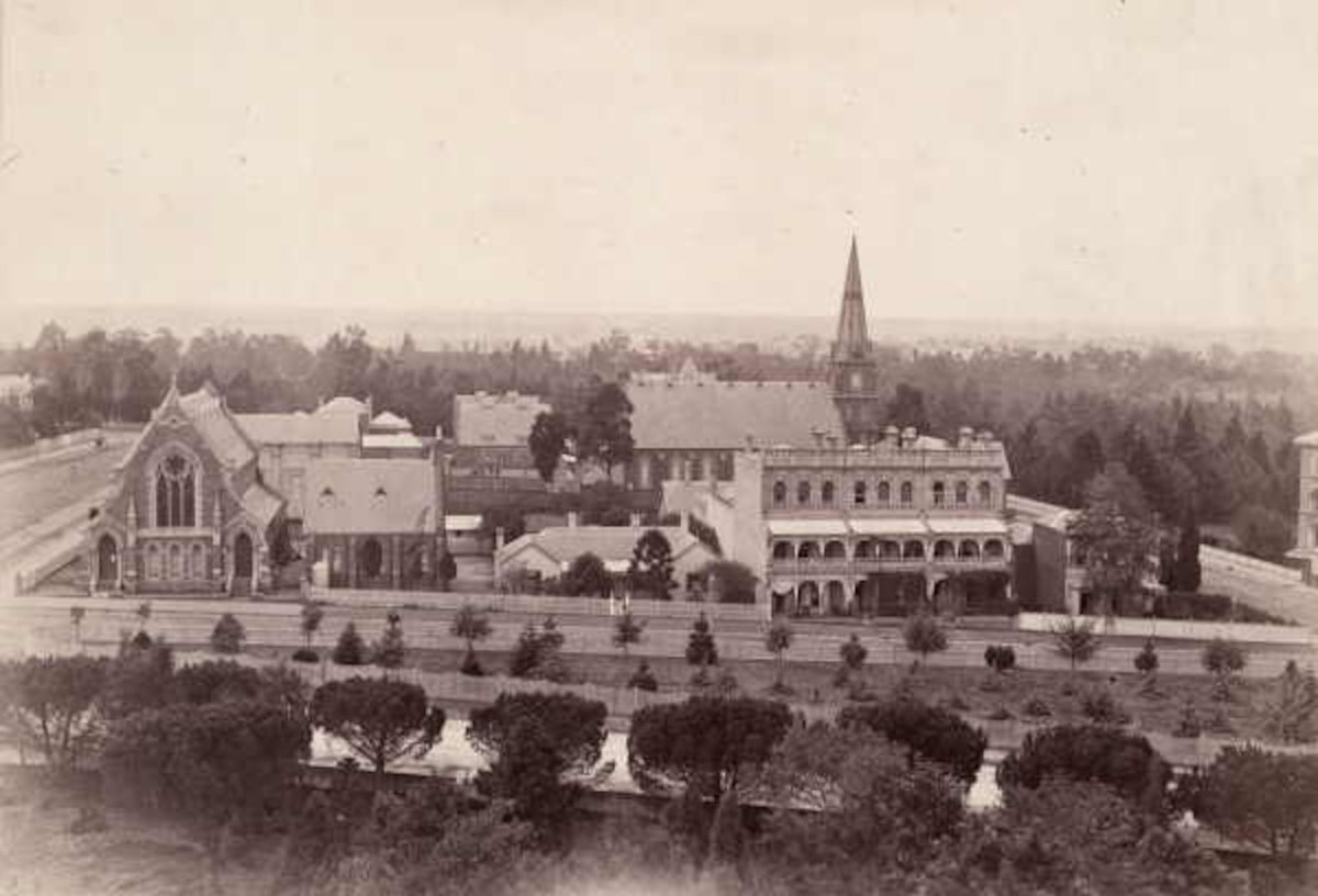 View of East Melbourne, including the German Lutheran Church (c. 1874)