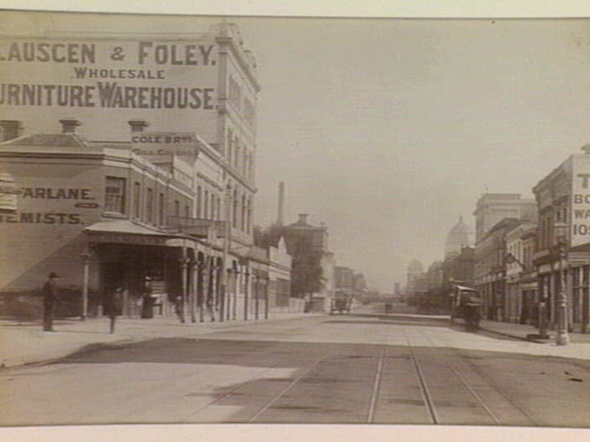 Corner Young St. & Gertrude St. looking west past Brunswick St. to Nicholson St. and the Exhibition Building, Carlton (c. 1890)
