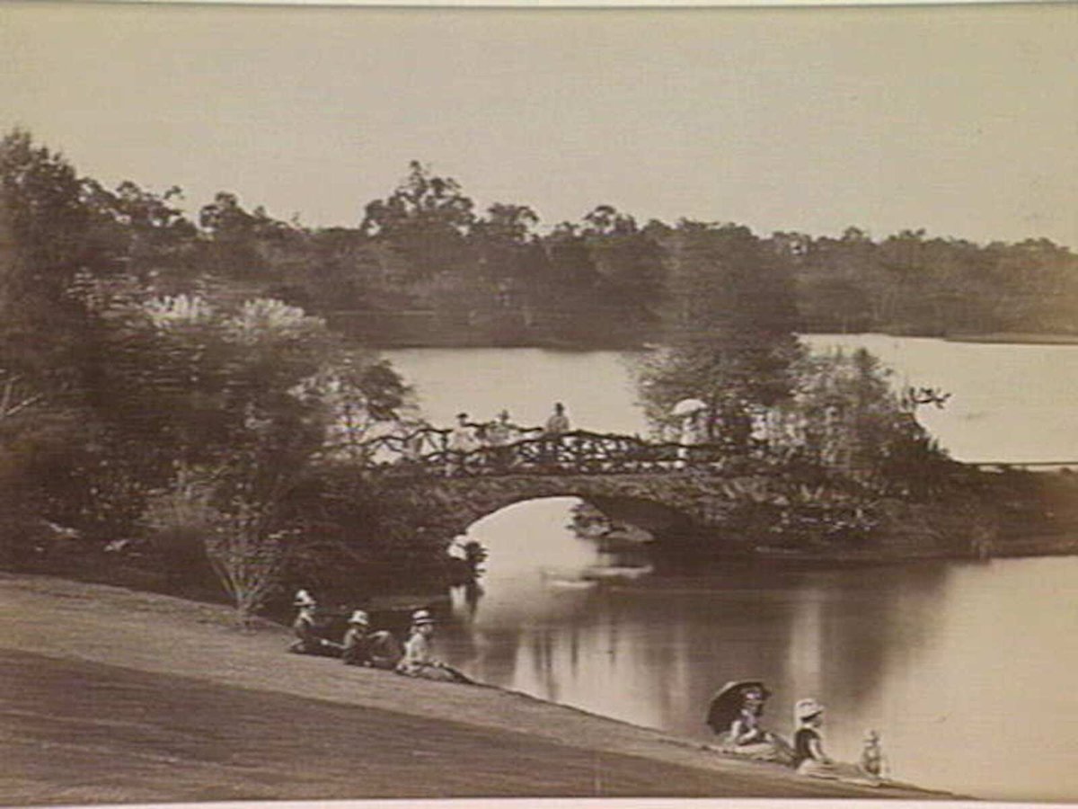 VIEW IN THE BOTANICAL GARDENS, At the Rustic Footbridge, Melbourne, Melbourne City (1865–95)