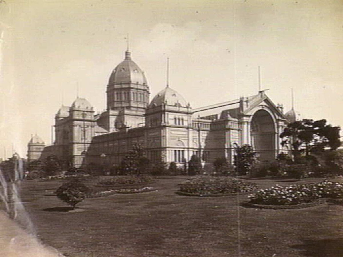 Exhibition Buildings and surrounding garden beds, Carlton (c. 1885)