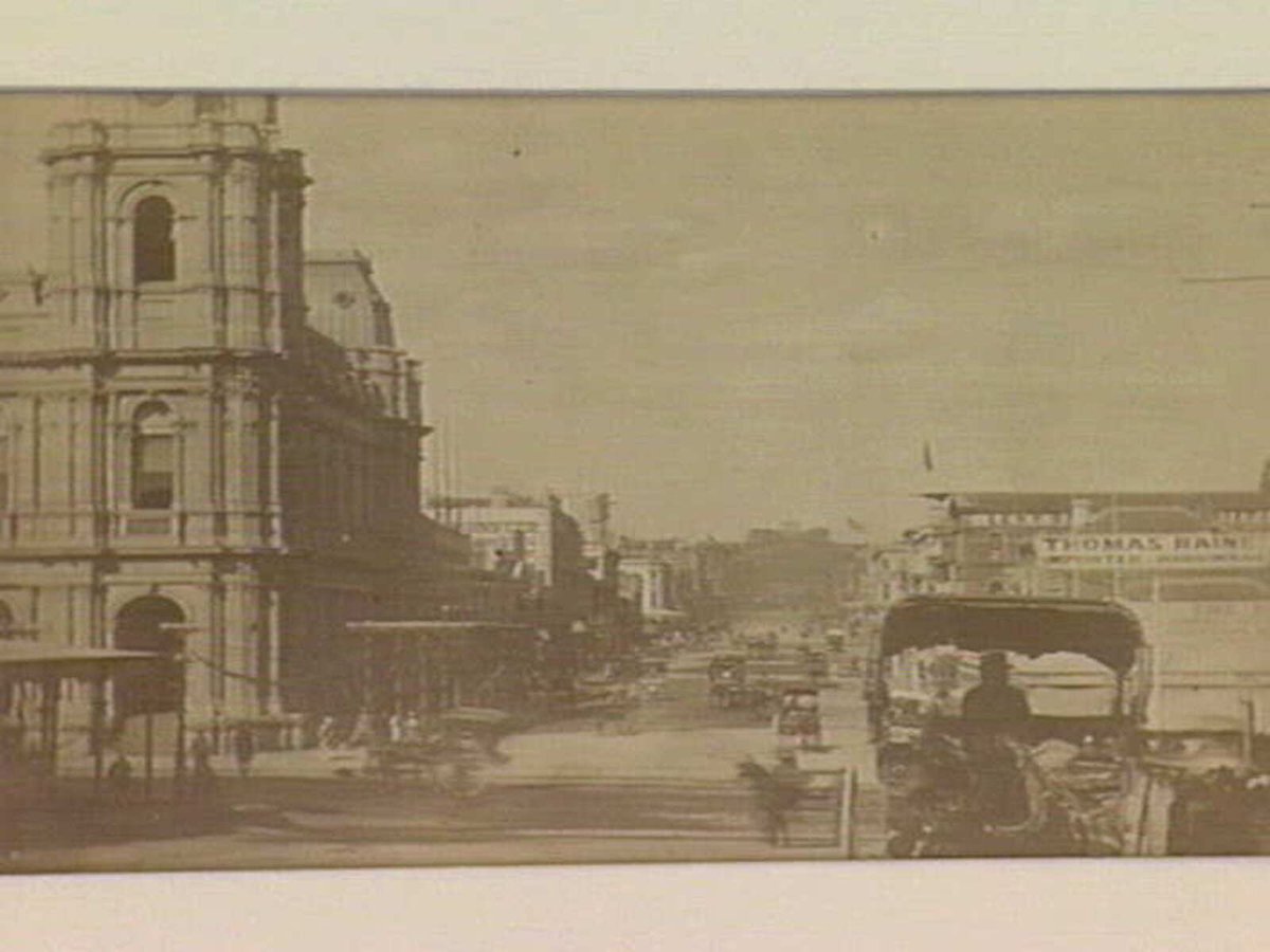 View of Bourke Street East, Melbourne, looking east from Queen Street, Melbourne City (c. 1870)