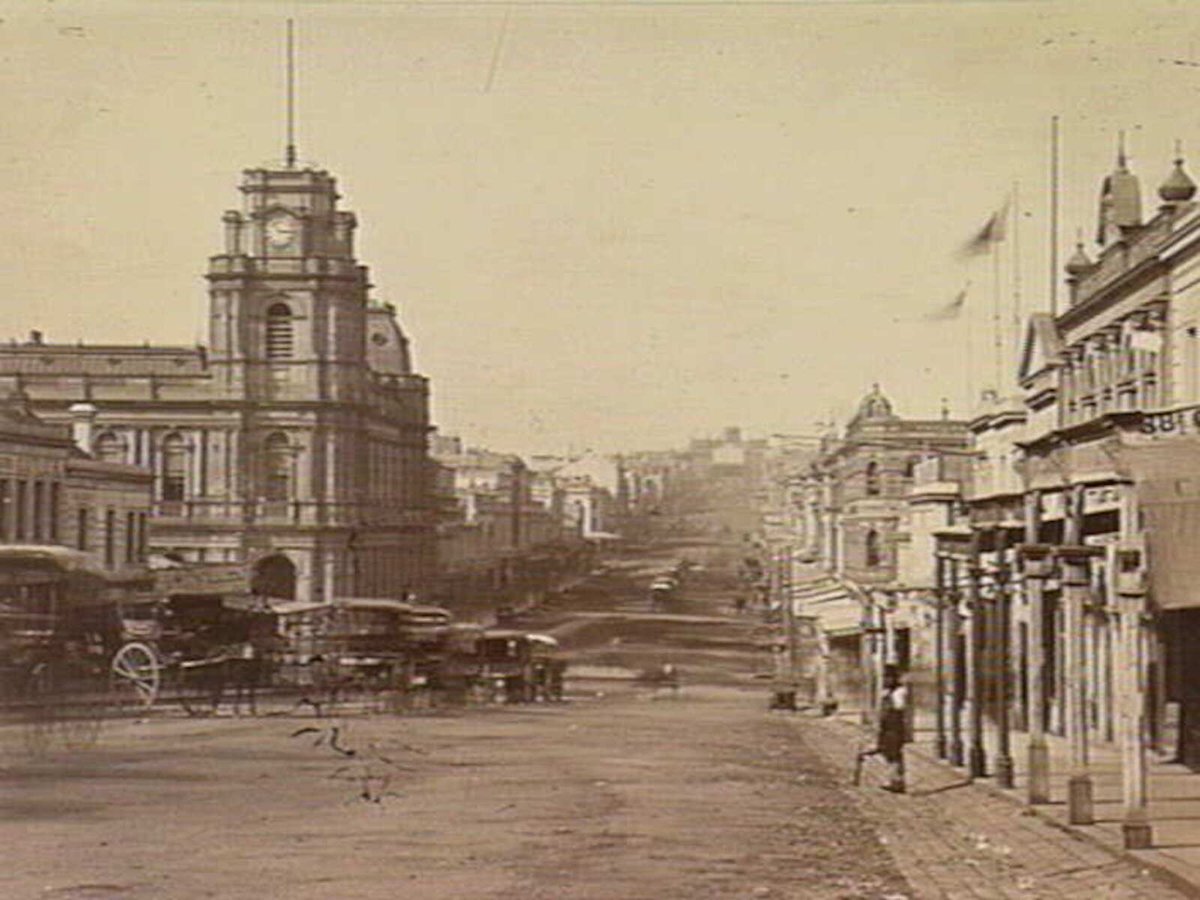 Bourke Street Melbourne, looking east from above the Post Office, Melbourne City (c. 1880)