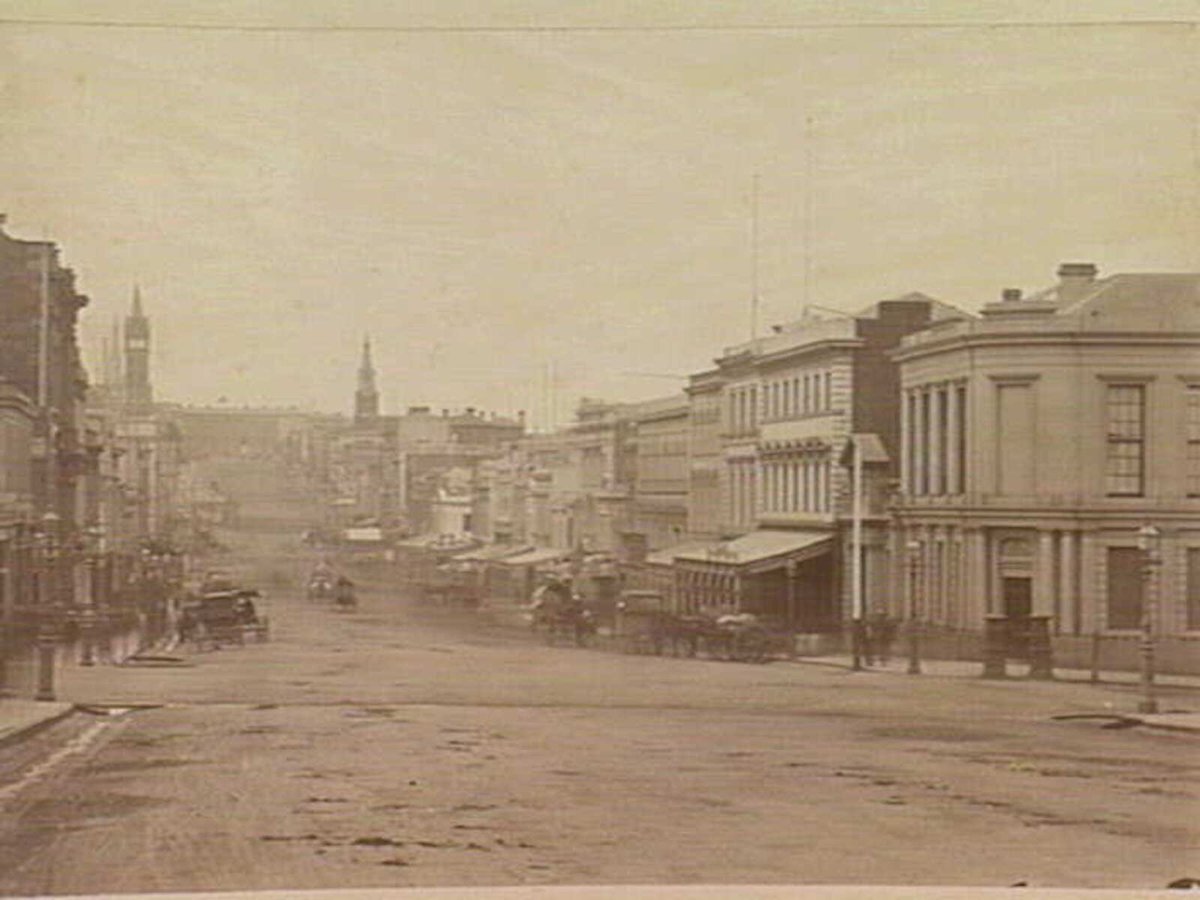 Collins Street Melbourne, looking east from Queen Street, Melbourne City (c. 1880)