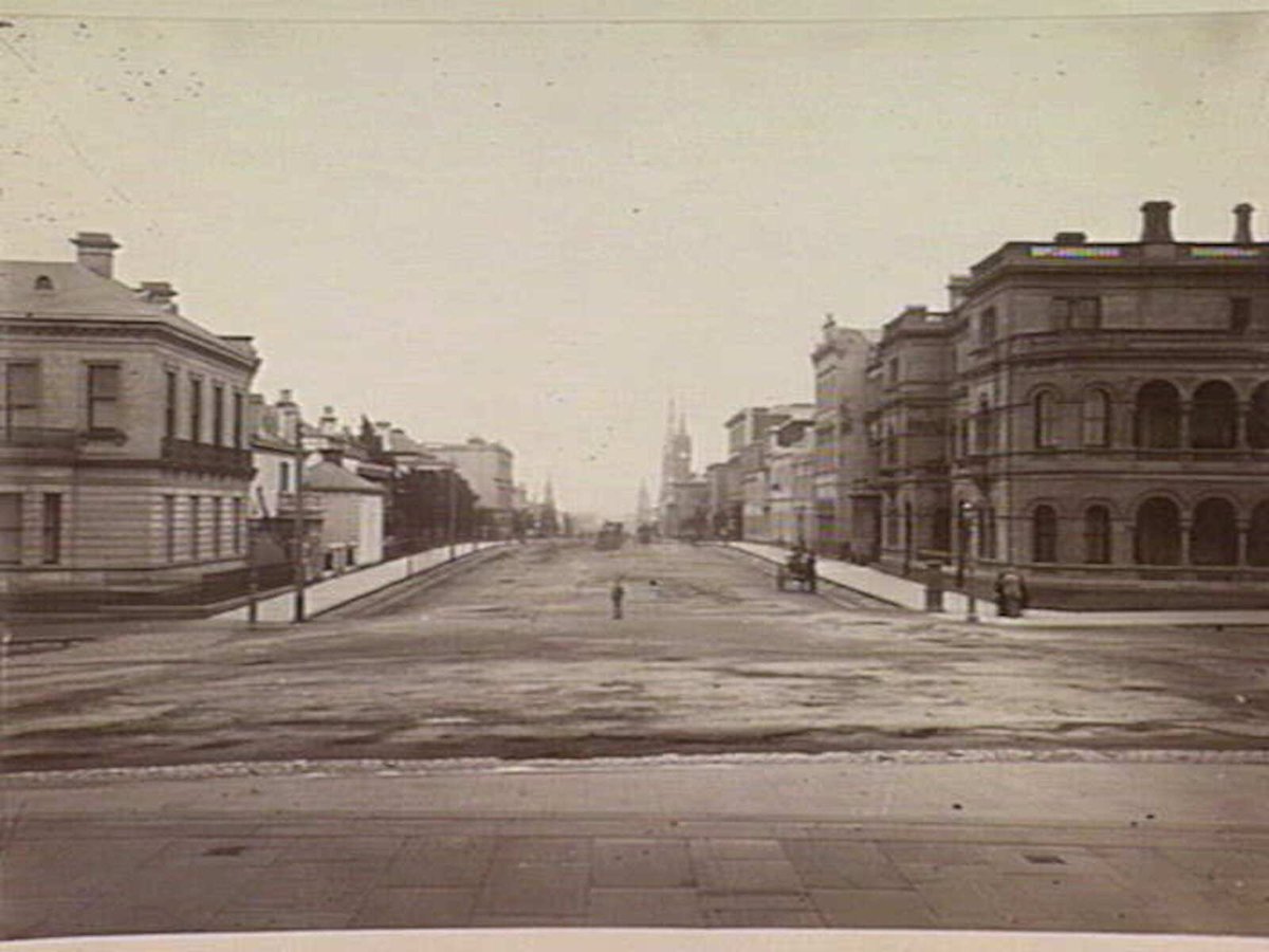 Collins Street Melbourne, looking west from Spring Street, showing both sides of the street, Melbourne City (c. 1880)