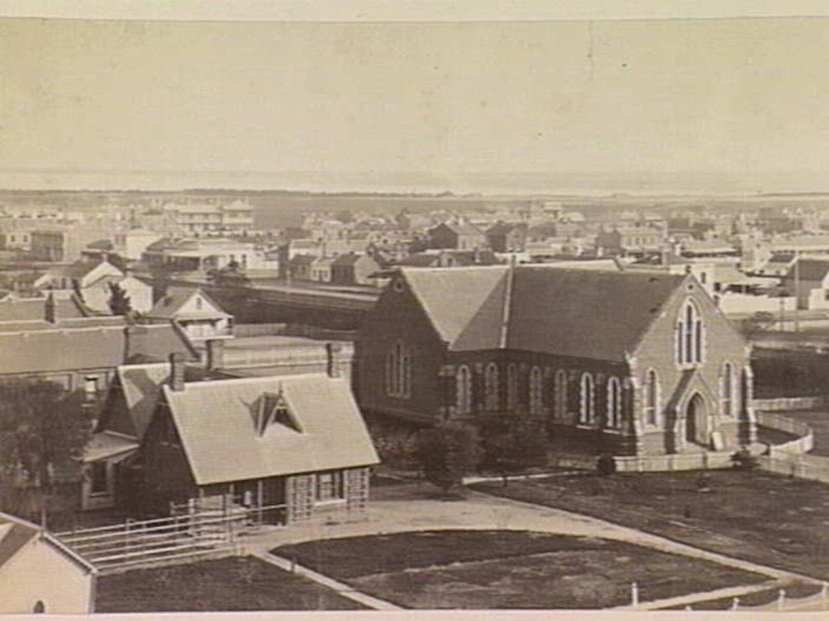 South Melbourne, elevated view with church in foreground (c. 1875)