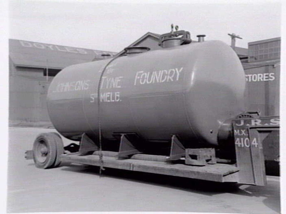 Johnsons Tyne Foundry, South Melbourne, boiler loaded on rear of truck (c. 1940)