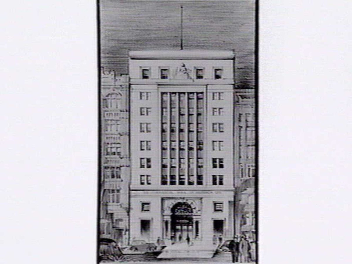 Architect's drawing, refacing of the headquarters, Commercial Bank of Australia, 335-9 Collins Street, by A & K Henderson, Melbourne City (c. 1940)