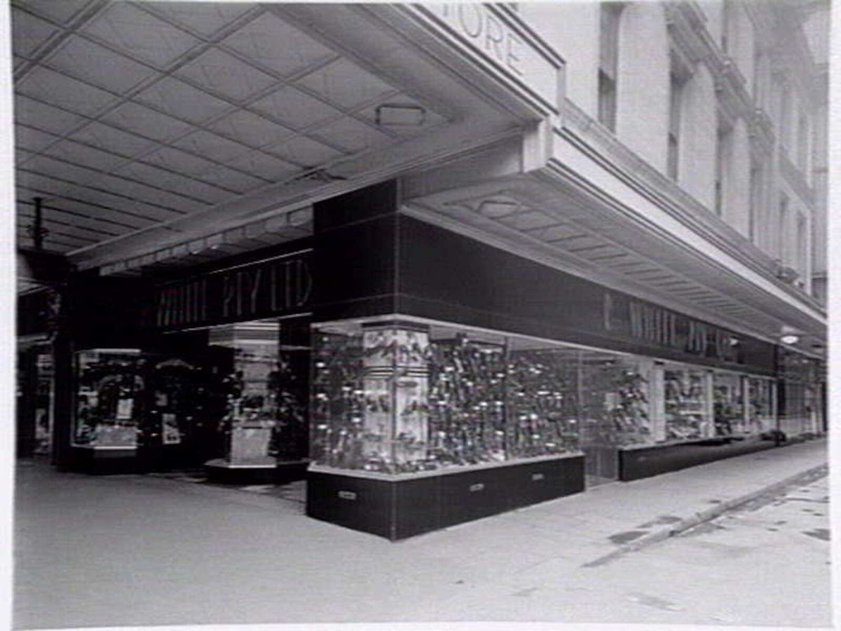 Shopfront, R. White and Co., Shoes 40 Elizabeth Street, corner Flinders Lane, Melbourne City (c. 1940)