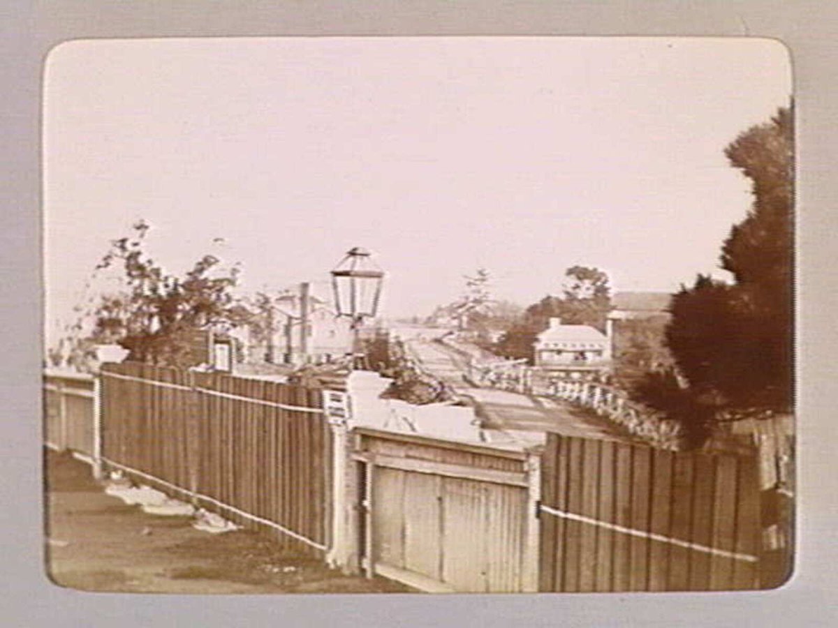 OLD STUDLEY PARK BRIDGE. [View of bridge from behind fence with sign "ROAD CLOSED"], Kew (1890–1910)