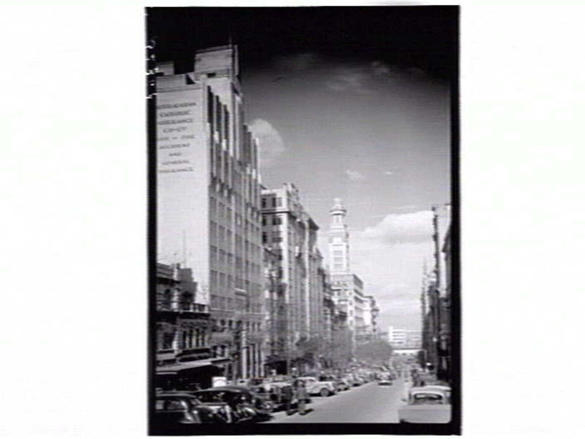 Melbourne in the late 1930s. Looking south down Queen Street from Bourke Street, Melbourne City