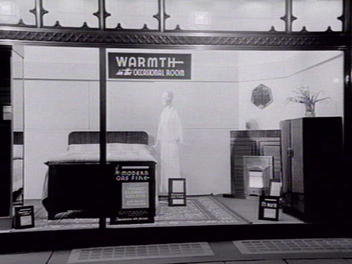 Showroom window display for gas heating at The Metropolitan Gas Co. showrooms, 196 Flinders Street, Melbourne, Melbourne City (1936)
