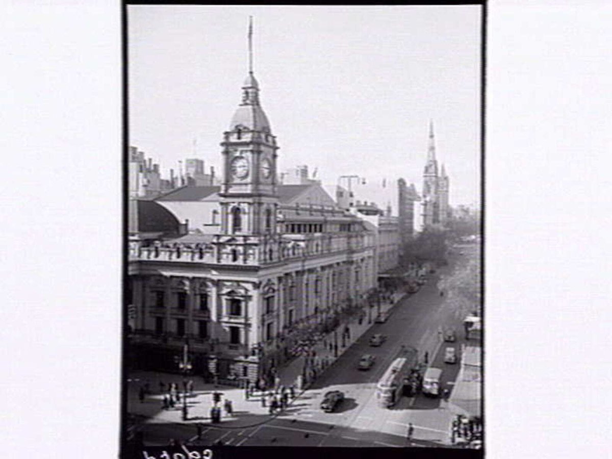 Collins St. showing Town Hall & Churches Melbourne, Melbourne City (1952)