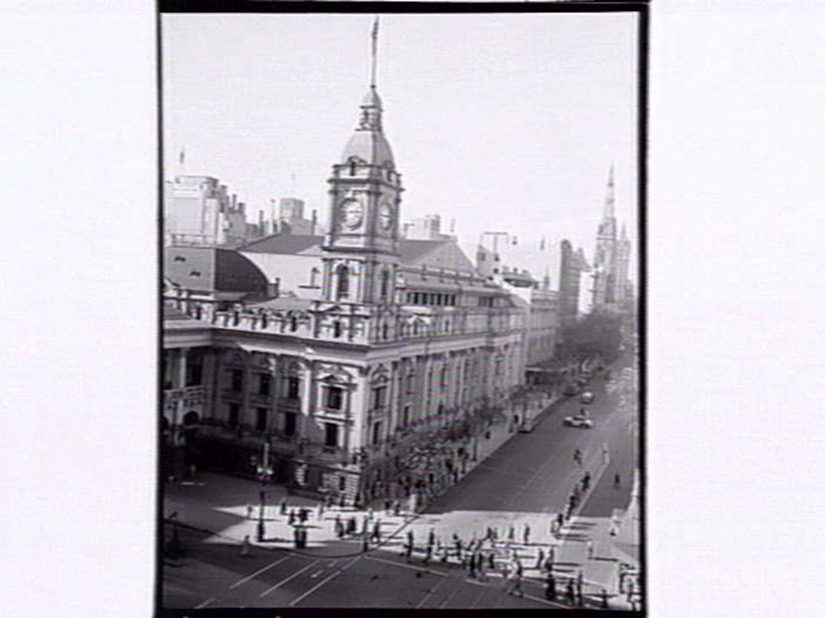 Collins St. showing Town Hall & Churches Melbourne, Melbourne City (1952)