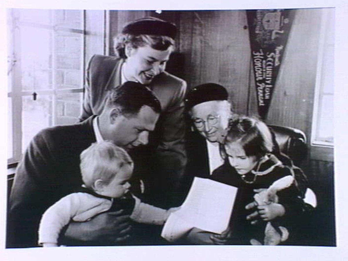 Moorabbin Town Hall. The Struve family after the ceremony during which Werner and his mother became Australian citizens. 1954
