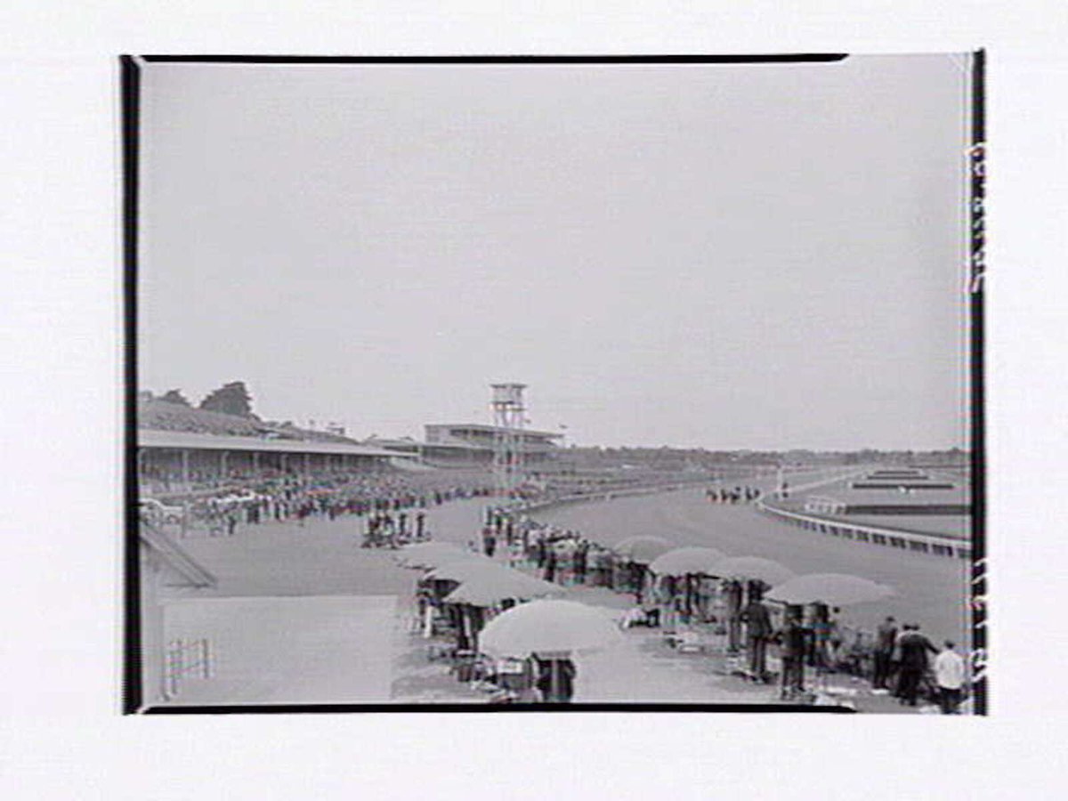 Bird's-eye view of Flemington Racecourse showing people watching race (1948)