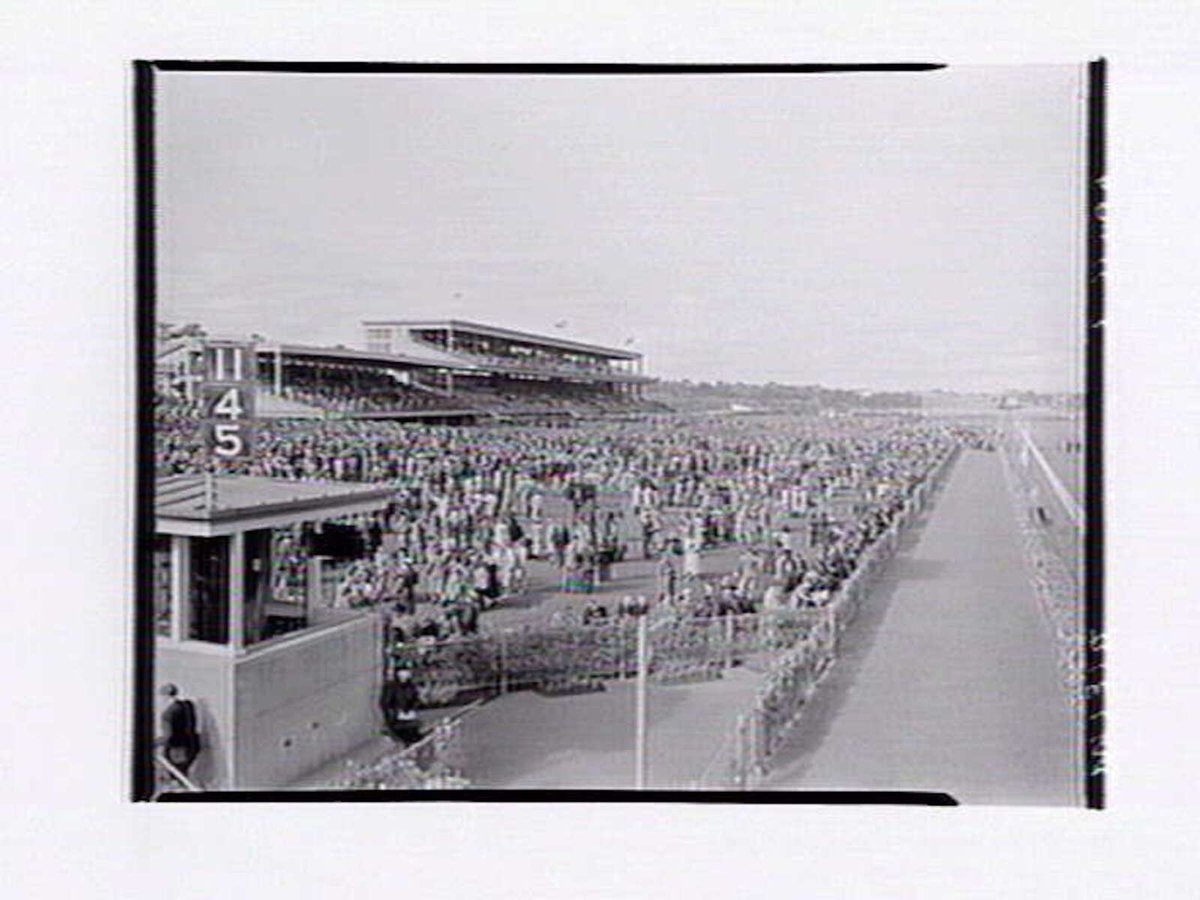 Flemington Racecourse, showing steward's box in foreground, Melbourne Cup Day (1949)