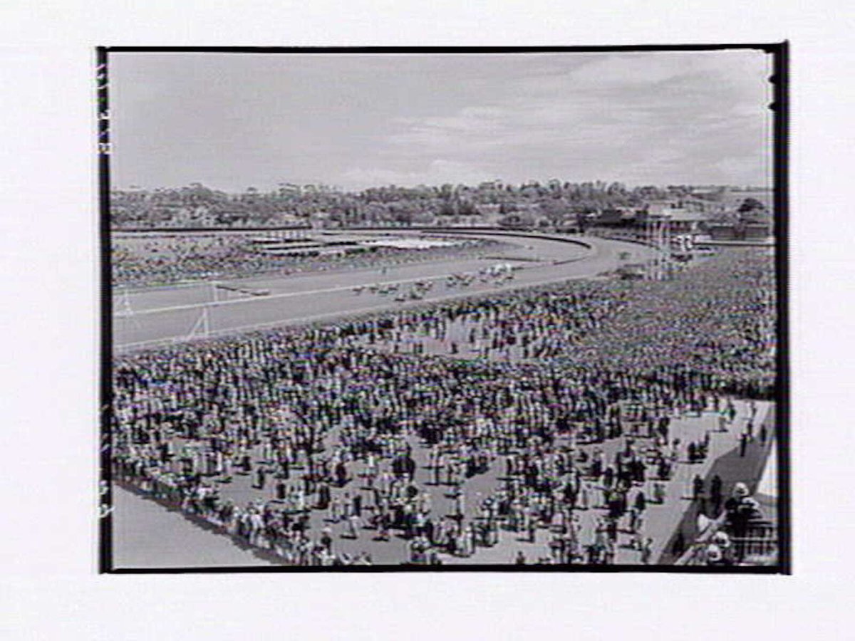 Bird's-eye view of Flemington Racecourse showing people watching horserace on Melbourne Cup Day (1949)