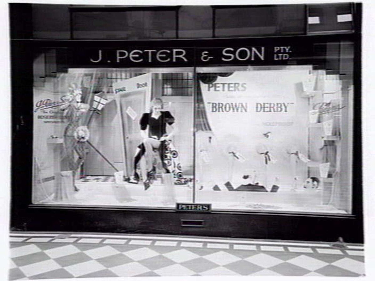 ["Brown Derby" window display of lingerie by Holeproof in the window at J. Peter and Son, Hosiers and Glove merchants, Centreway Arcade, 259 Collins Street, Melbourne, Melbourne City (c. 1941)