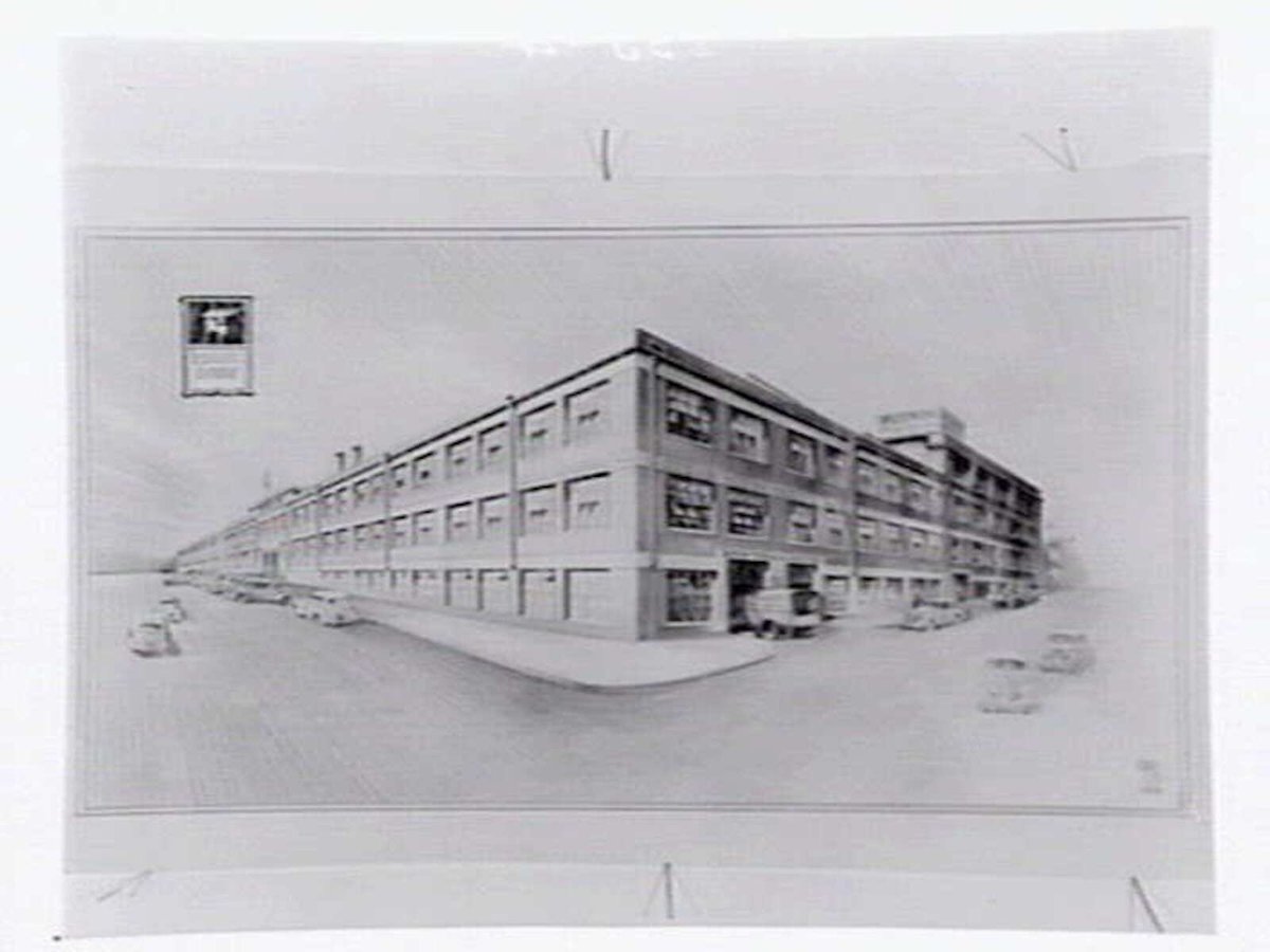 Architects drawing of Ruskin Motor Bodies' building, Dudley Street, West Melbourne (c. 1943)
