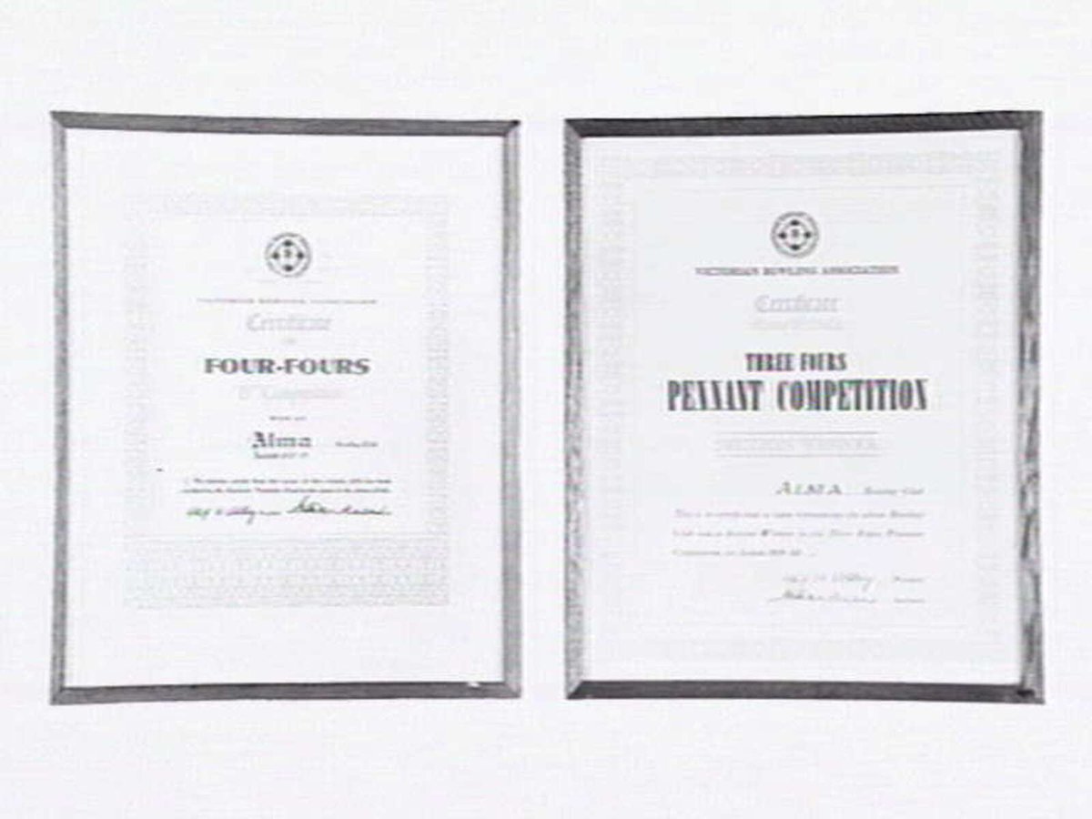 Certificates from Alma Bowling and Tennis Club, Wilkes Street, North Caulfield, Caulfield North (c. 1945)