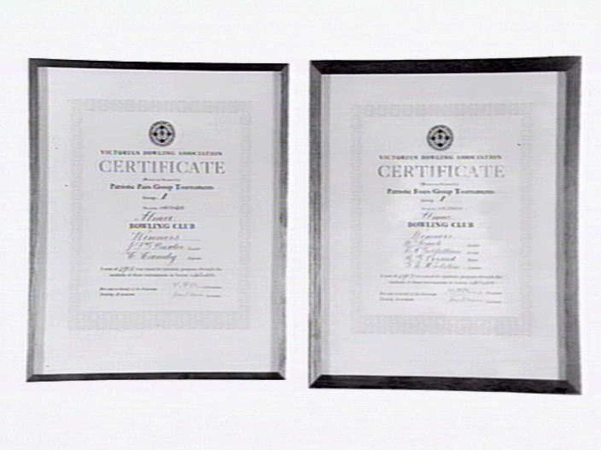 Certificates from Alma Bowling and Tennis Club, Wilkes Street, North Caulfield, Caulfield North (c. 1945)